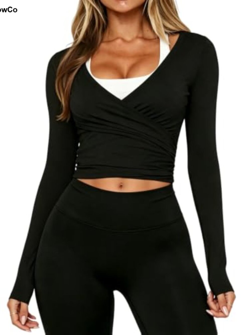 Women's Cotton Spandex Wrap Top V Neck Long Sleeve Yoga Workout Shirt